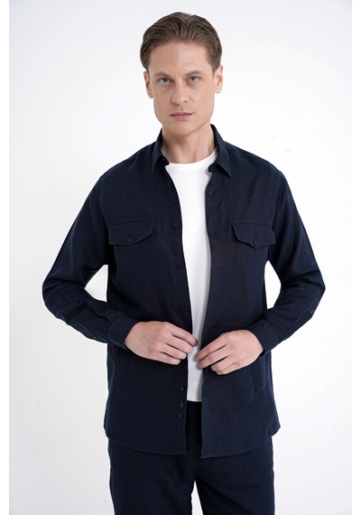 Comfort Fit Yan Cepli %100 Keten Lacivert Gömlek Ceket G 1602