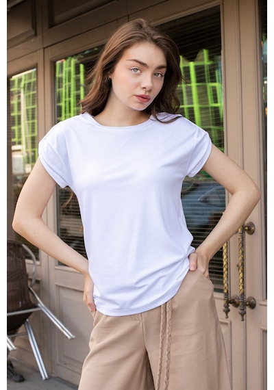 Kadın Modal Penye Geniş Sıfır Yaka Düşük Omuzlu Apoletli Kısa Kol T-shirt Bluz-beyaz Beyaz Kadın Modal Penye Geniş Sıfır Yaka Düşük Omuzlu Apoletli Kısa Kol T-shirt Bluz-beyaz Beyaz
