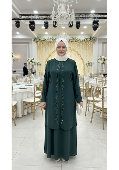 Eslemnur Yelpaze Taşlı Büyük Beden Anne Elbisesi Zümrüt Yeşili
