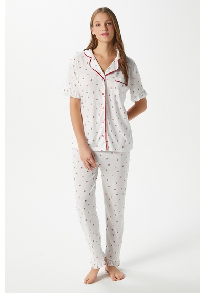 Ritnice Kadın Fırfırlı Kiraz Ön Düğmeli Kısa Kol Alt Üst Pijama Takımı Ekrukırmızı Çok Renkli