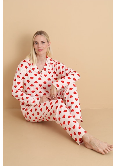 Wordex Mirano 9800 Şardonlu Soft Kışlık Düğmeli Kalp Desenli Kadın Pijama Takım Ekru