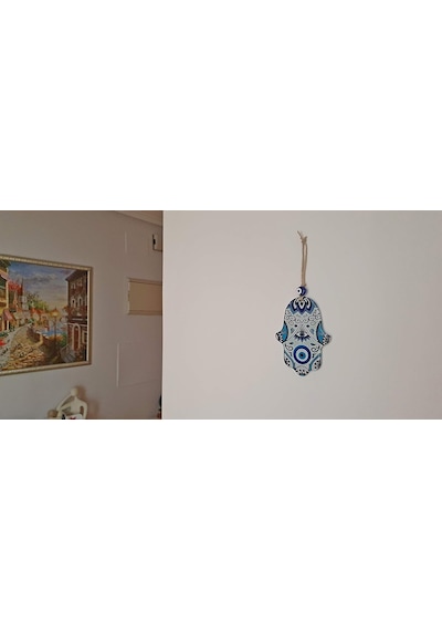 İlyasoğlu Hamsa Cam Nazar Boncuklu Renkli Desenli Duvar Süsü 18x11cm