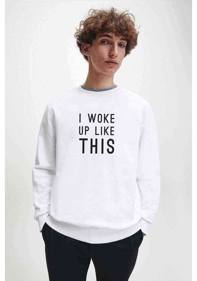 Woke Up Like Baskılı Beyaz Erkek Örme Sweatshirt