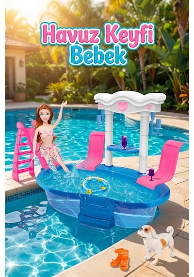 Kaydıraklı Ve Şezlonglu Oyuncak Bebek Havuz Seti - Köpek Ve Aksesuarlı Yazlık Tatil Oyun Seti