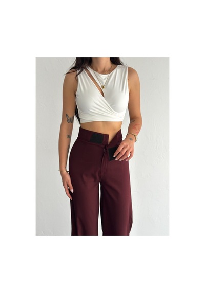 Gugus Kadın Cepsiz Dokuma Kumaş Pantolon Beli Cırtlı Bol Paça Wide Leg Model Bordo