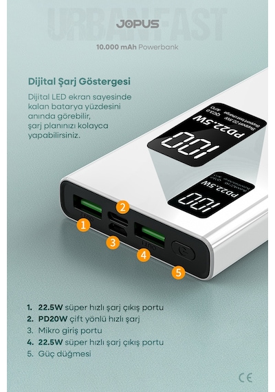 Jopus 10000mah Powerbank Pd 22.5w Hızlı Şarj - Dijital Ekranlı - Taşınabilir Şarj Cihazı Beyaz