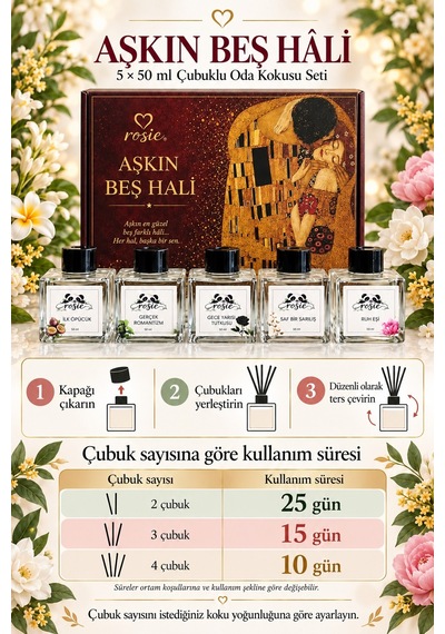 Rosie Aşkın Beş Hâli 5 Li Çubuklu Oda Kokusu Hediye Seti 5 X 50 Ml Özel Tasarım Koleksiyon Fresh