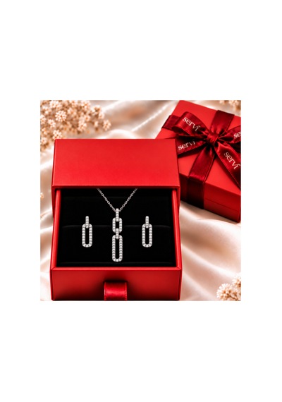 Servi 925 Ayar Gümüş Chain Glow Işıltılı Ataç Kolye Ve Küpe Set-545
