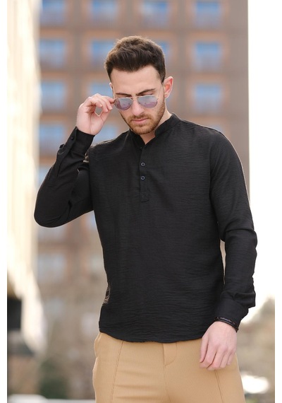 Zareh Slim Fit Kırınkıl Desen Yarım Pat Hakim Yaka Erkek Gömlek 001
