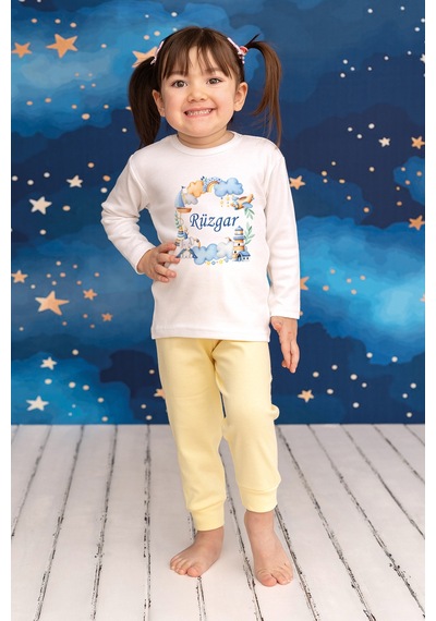 Pia Baby İsme Özel Erkek Çocuk Pijama Takımı %100 Pamuk Penye İsim Baskılı Kişiye Özel Çocuk Pijaması 10985s14pi Krem