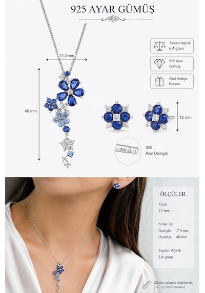 Safir Taşlı Pırlanta Model Çiçek Demeti Kadın Gümüş Kolye Küpe Seti Beyaz