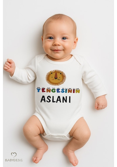 Babyden's Yengesinin Aslanı Yazılı Bebek Zıbını % 100 Pamuk Unisex Uzun Kollu Çıtçıtlı Body Beyaz