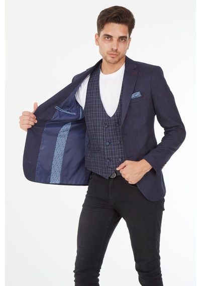 Sposo 5139 Ekose Yelekli Dar Kalıp Lacivert Erkek Blazer Ceket Lacivert