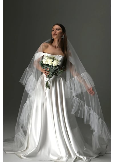 Ezni Atelier Tül Fırfırlı Zarif Gelin Duvağı 50 + 240 Cm Beyaz Beyaz