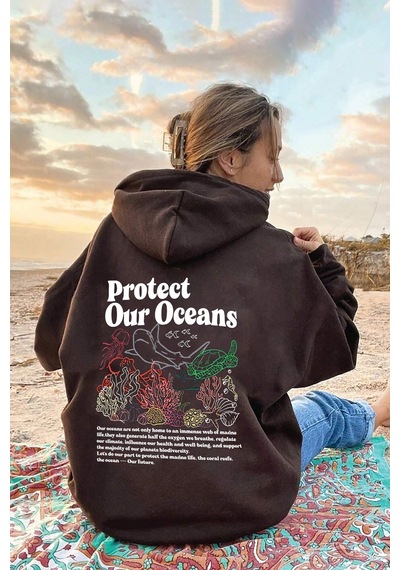 Oceans Baskılı Oversize Sweatshirt Kahverengi