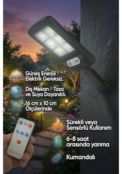 Solar Enerjili Cob Led Bahçe Duvar Lambası Kumandalı Hareket Sensörlü Dış Mekan Aydınlatma Ip65 Su Geçirmez