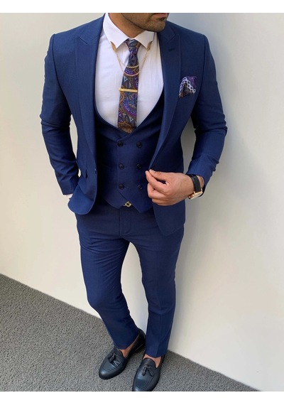Modefendi Slim Fit İtalyan Kesim Örme Pamuk Spor Takım Elbise Saks Mavi