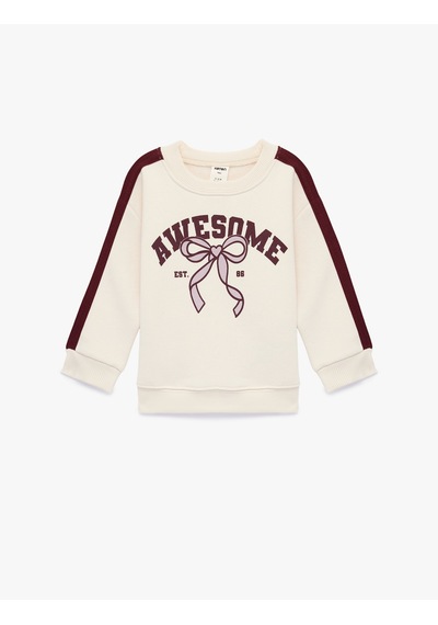 Koton Pamuklu Bisiklet Yaka Uzun Kollu Şardonlu Baskılı Sweatshirt Bej 6wmg10224ak Ekru