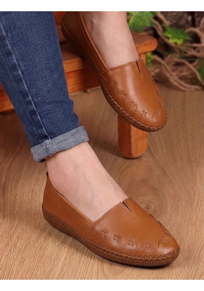 Beren Hakiki Deri Taba Kadın Babet Ortopedik Taban Düz Motifli Slip-on Comfort Ayakkabı