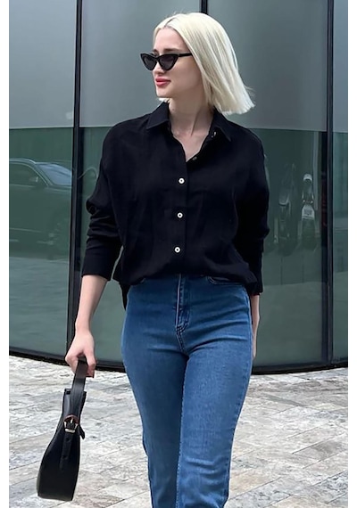Madmext Siyah Muslin Kumaş Basic Kadın Gömlek Mg1660-siyah Siyah