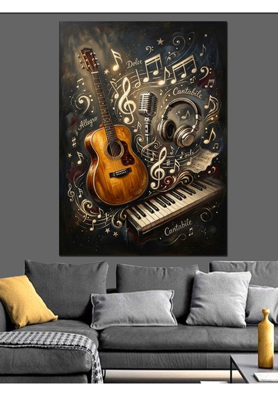 Müzik Notları Arasında Klasik Gitar Dekoratif Kanvas - Mdf Ahşap Tablo