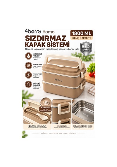 2 Katlı Yemek Termosu 3 Bölmeli 1800 Ml Taşınabilir Yemek Kabı, 304 Paslanmaz Çelik, Sızdırmaz, Isı Yalıtımlı, Kaşıklı Kahverengi