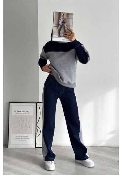 Femelle Beli Lastikli Denim Alt-üst Takım gri