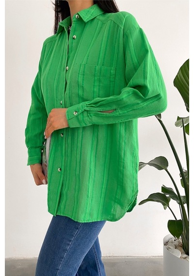 Femelle Kadın Yeşil Yeni Sezon Tek Cepli Salaş Oversize Gömlek