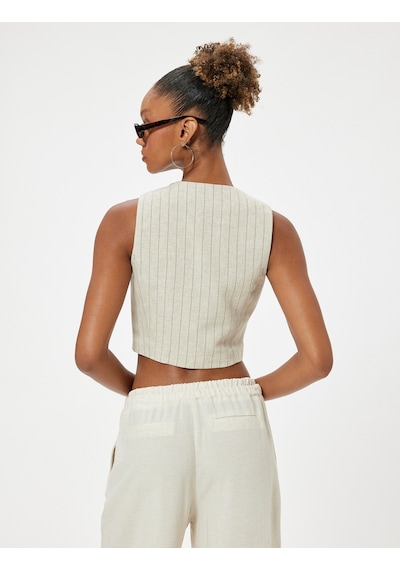 Koton Crop Yelek Keten Karışımlı Kolsuz V Yaka Düğmeli Slim Fit Bej Çizgili 4sal30085ıw Ekru