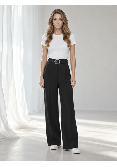 Nealirsanall.com Yüksek Bel Kemerli Wide Leg Palazzo Kumaş Pantolon Siyah