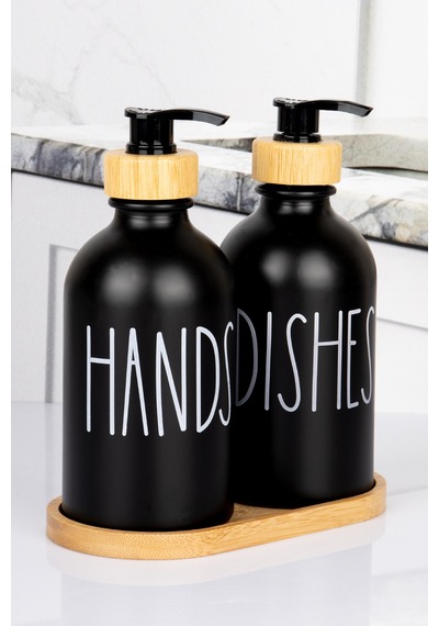 2'li Doğal Bambu Pompalı Bambu Altlıklı Deterjanlık 350 Ml Oval Cam Siyah