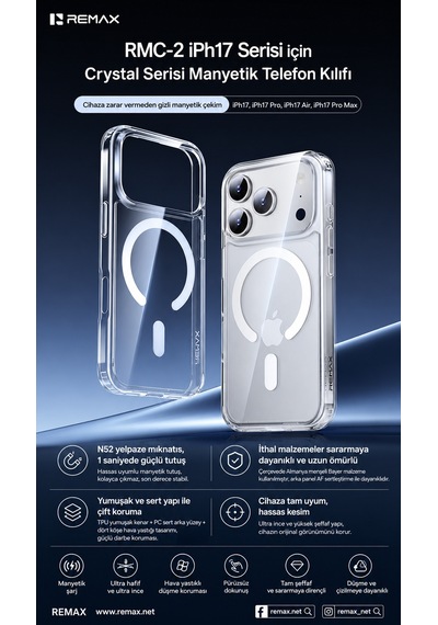 Remax Crystal Series Apple iPhone 17 Air Magsafe Uyumlu Kristal Şeffaf Kılıf Darbe Emici Bayer Silikon Rmc-2 Remax Crystal Series Apple iPhone 17 Air Magsafe Uyumlu Kristal Şeffaf Kılıf Darbe Emici Bayer Silikon Rmc-2