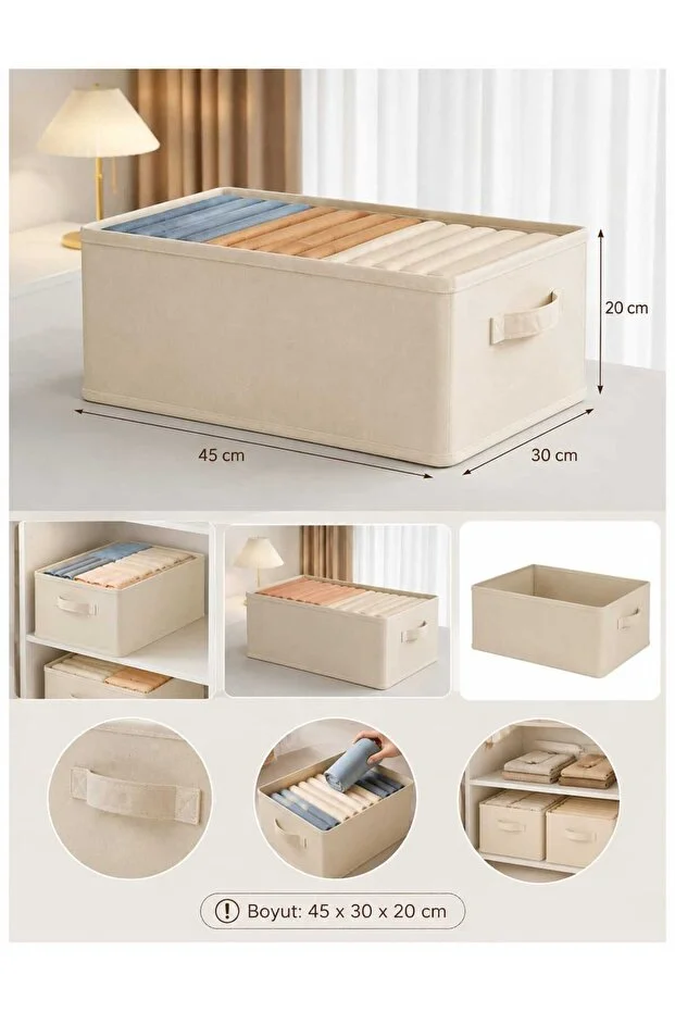 2'li Krem Kumaş Katlanabilir Dolap İçi Düzenleyici Kutu 45x30x20 Cm Kıyafet Ve Giysi Organizer Saklama Kutusu Bej