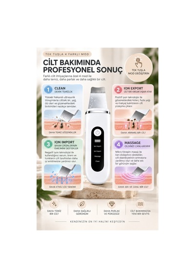 Robeve Auhma Ahb-13 Ultrasonik Cilt Temizleme Ve Yüz Bakım Cihazı 4 Modlu Iyon Teknolojili Cilt Spatulası, Siyah Nokta Ve Gözenek Temizleyici, Masaj Modu, Yüz Masaj Aleti Spatula Yüz Temizleme