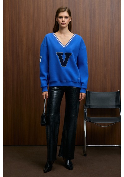 Grımelange Dıvıne Kadın V Yakalı Nakış Ve Patch Detaylı Mavi Sweatshirt Mavi