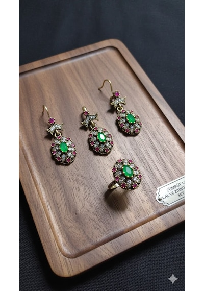 Zümrüt, Lal Ve Zirkon Karışımlı Gümüş 3 Lü Oval Set Bronz