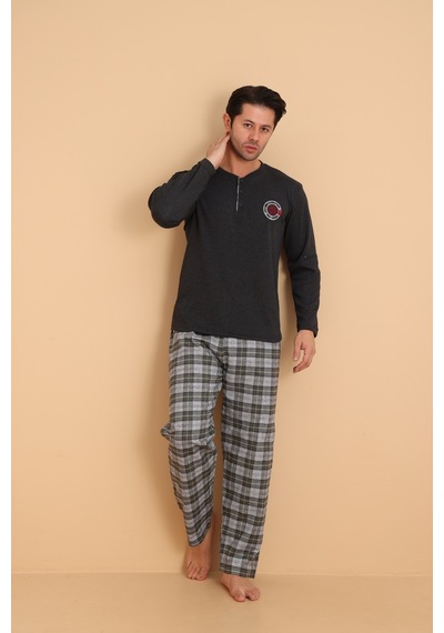 Wordex Flk 7014 İnterlok Kışlık Ekose Pijamalı Erkek Pijama Takımı Antrasit