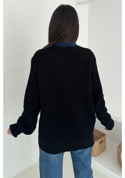 Femelle Siyah Kolları Ve Sırtı Triko Kot Denim Oversize Hırka Cepli Standart Beden