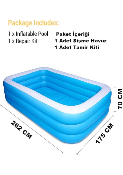 262x175x50cm Şişme Havuz 3 Katmanlı Büyük Boy Dikdörtgen Yüzme Havuzları Aile Ve Çocuklar İçin Tatil Şişme Havuzu Açık Mavi