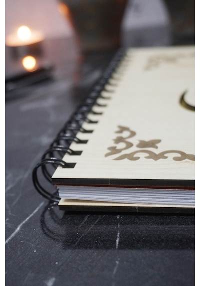 Elif Vav Desenli Ahşap Kapaklı Defter - Ajanda - Günlük - Çizgisiz Defter, Hediyelik Defter