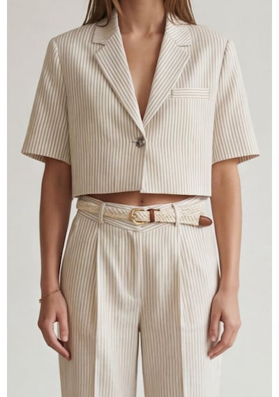 Quzu 25yckt00478 Vatkalı Crop Blazer Ceket Naturel