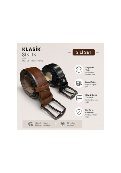 Recossa Erkek Klasik Kemer Kumaş 2'li Set Siyah - Kahve Siyah - Kahve