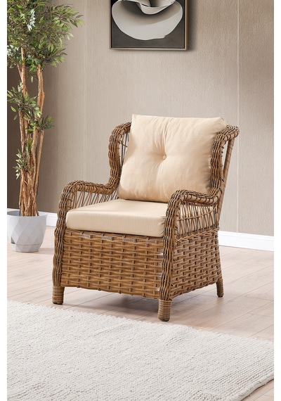 Paris Rattan Puflu Bahçe Balkon Takımı 3+1+1 Cam Masalı Kahve Kahverengi