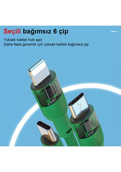 3 Lü 1.2m 6a 66w Hızlı Şarj Kablosu 300% Daha Hızlı 6 Çipli 2000+ Bükülme Testli 1.2M 3ın1