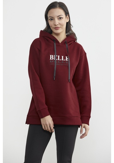 Kapüşonlu İçi Pamuklu Kalın Sweatshirt - Bordo Ekru