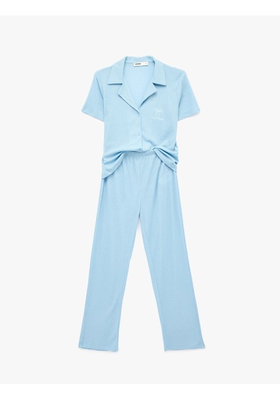 Koton Rahat Kalıp Gömlek Yaka Fitilli Pijama Takımı Mavi 6slk40088mk