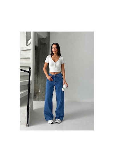 Bluemarlin Mavi Yüksek Bel Likralı Boyfriend Bol Paça Kot Pantolon Mavi