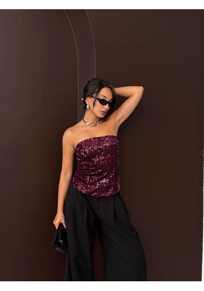 Ckm Moda Rubina Payetli Straplez Bluz Mürdüm