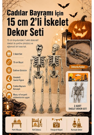 Halloween Cadılar Bayramı 15 Cm 2'li İskelet Dekor Seti Hareketli Eskitme Görünümlü Süs