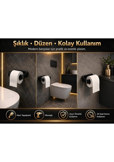 Alper Banyo Siyah Lamalı Tuvalet Kağıtlığı, Hem Yapışkanlı Hem Vidalı Montajlı Wc Kağıt Askılığı, Açı Diğer